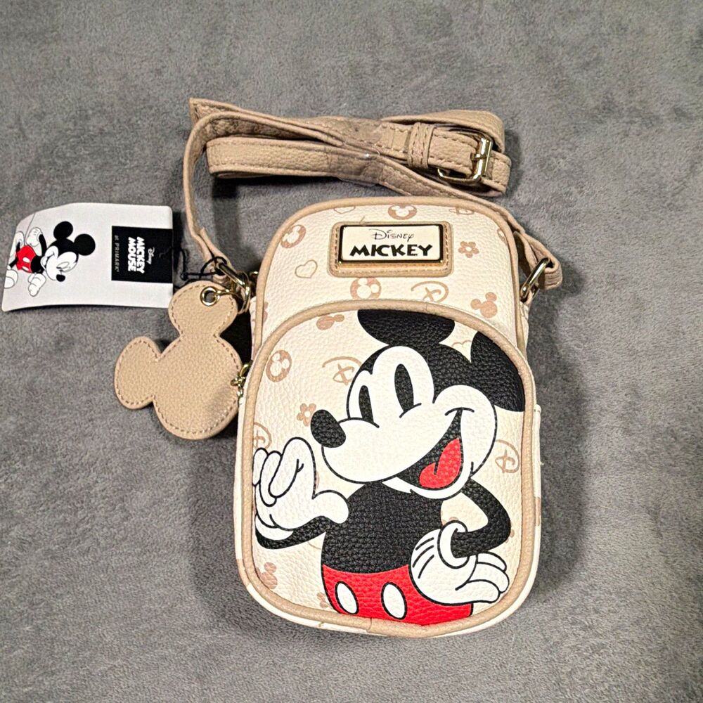 Disney Mickey Mouse Mini Crossbody Phone Bag w/ Strap Beige Monogram Print